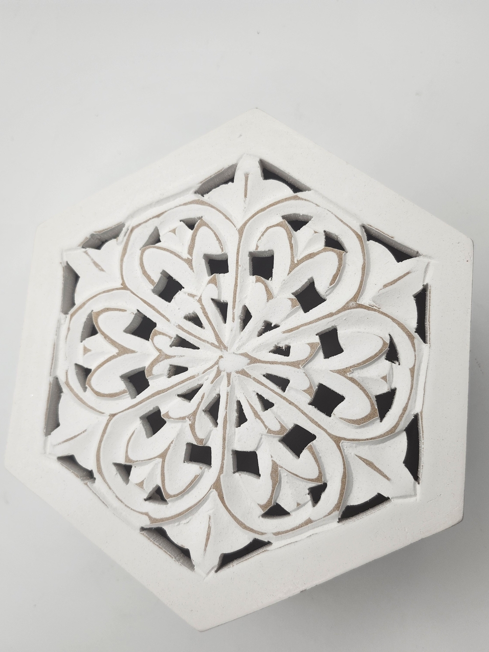 White Hexagonal Carved Wood Keepsake Boxes - Set Of 2